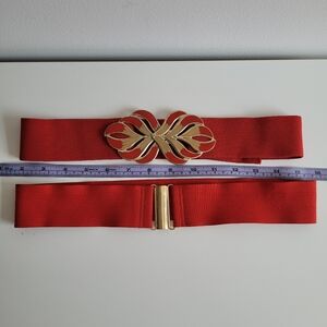 80s 90s Elastic Stretch Corset Enameled And Brass Buckle Red Belts Set Of 2